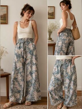 We Are Kindred Linen Floral Romantic Boho Feminine Wide Leg Paperbag Waist Sz 4